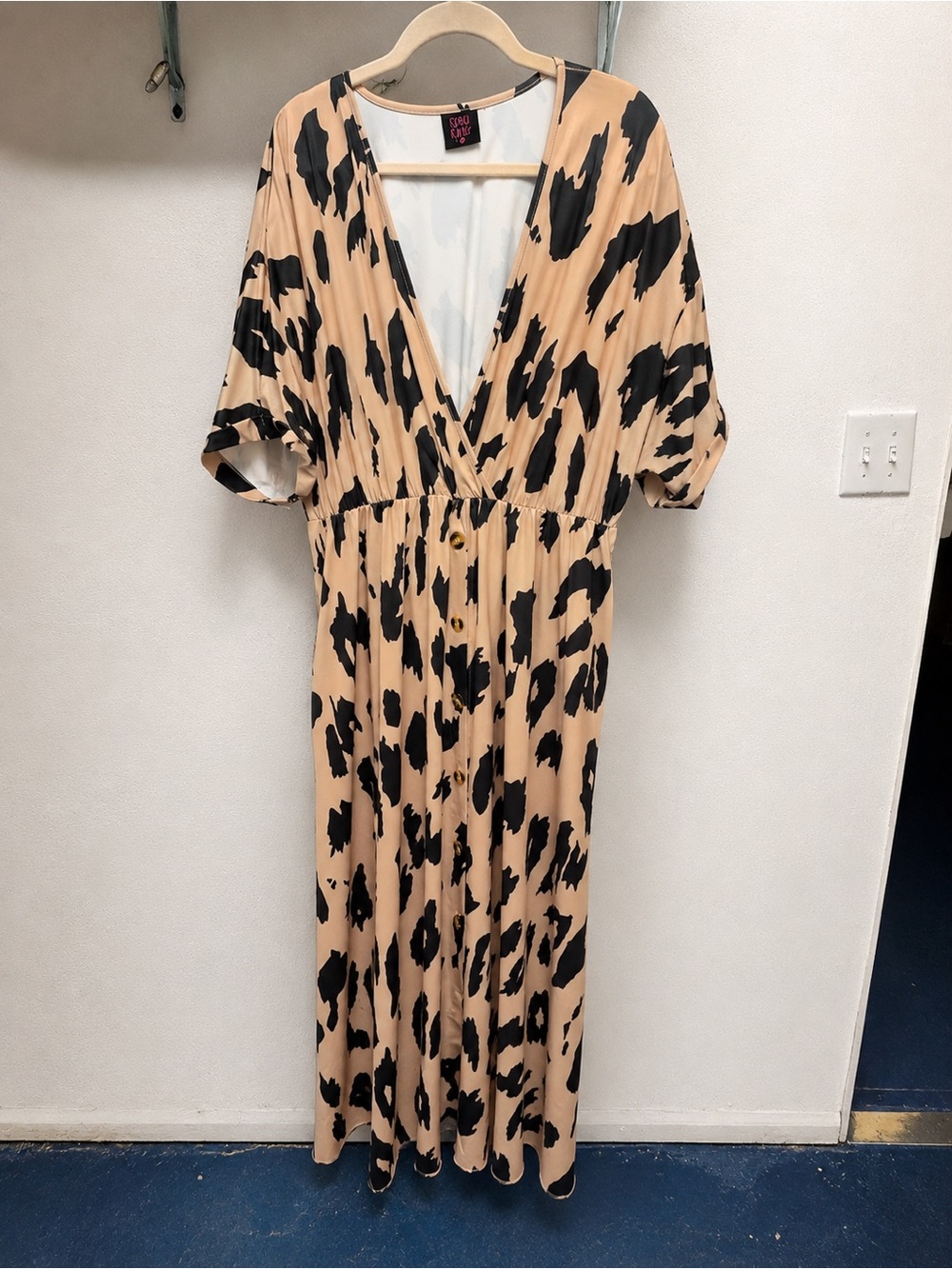 Beige & Black Printed V‑Neck Button‑Front Midi Dress